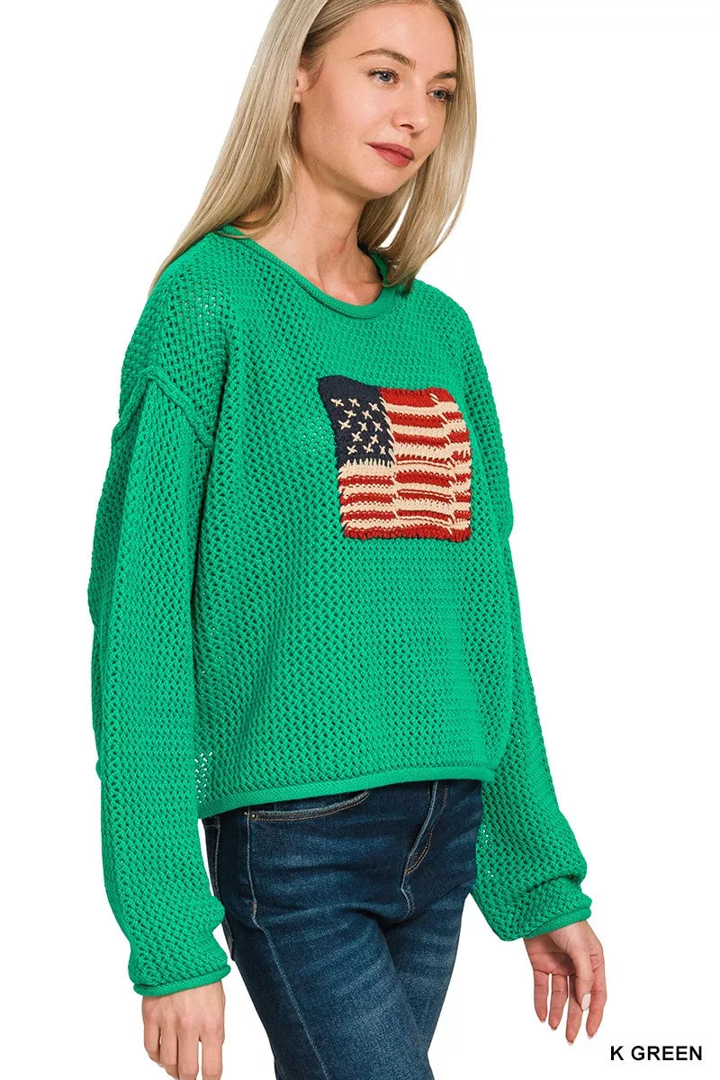 Zenana American Flag Crew Neck Sweater