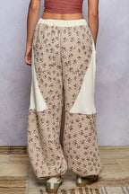 POL Drawstring Quilted Printed Knit Floral Pants with Double Gauze Patchwork