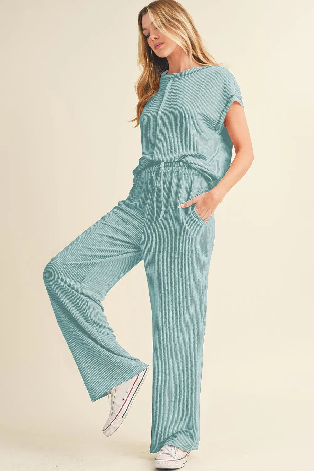 Solid Color Corded Short Sleeve Top and Casual Pants Set