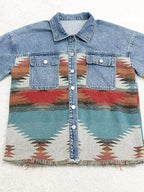 Printed Botton Down Long Sleeve Denim Jacket
