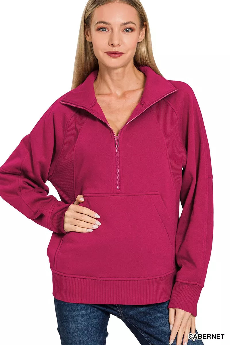 Zenana Half Zip Fleece Sweatshirt with kangaroo Pocket