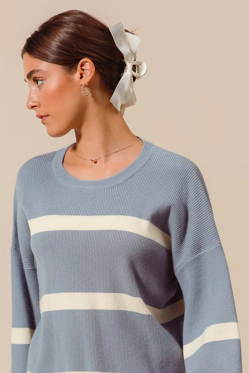 SO ME Ribbed Striped Round Neck Sweater