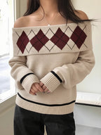 Off-Shoulder Argyle Pattern Sweater