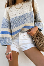 Openwork Striped Knit Long Sleeve Sweater