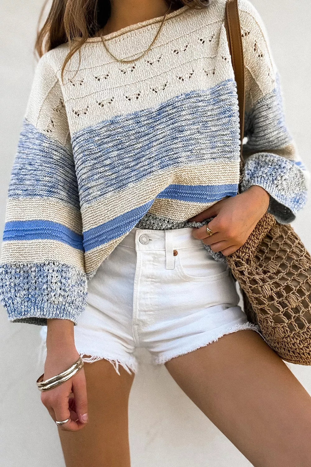 Openwork Striped Knit Long Sleeve Sweater
