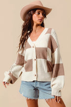 SO ME Checkered Button Front Ribbed Sweater Cardigan