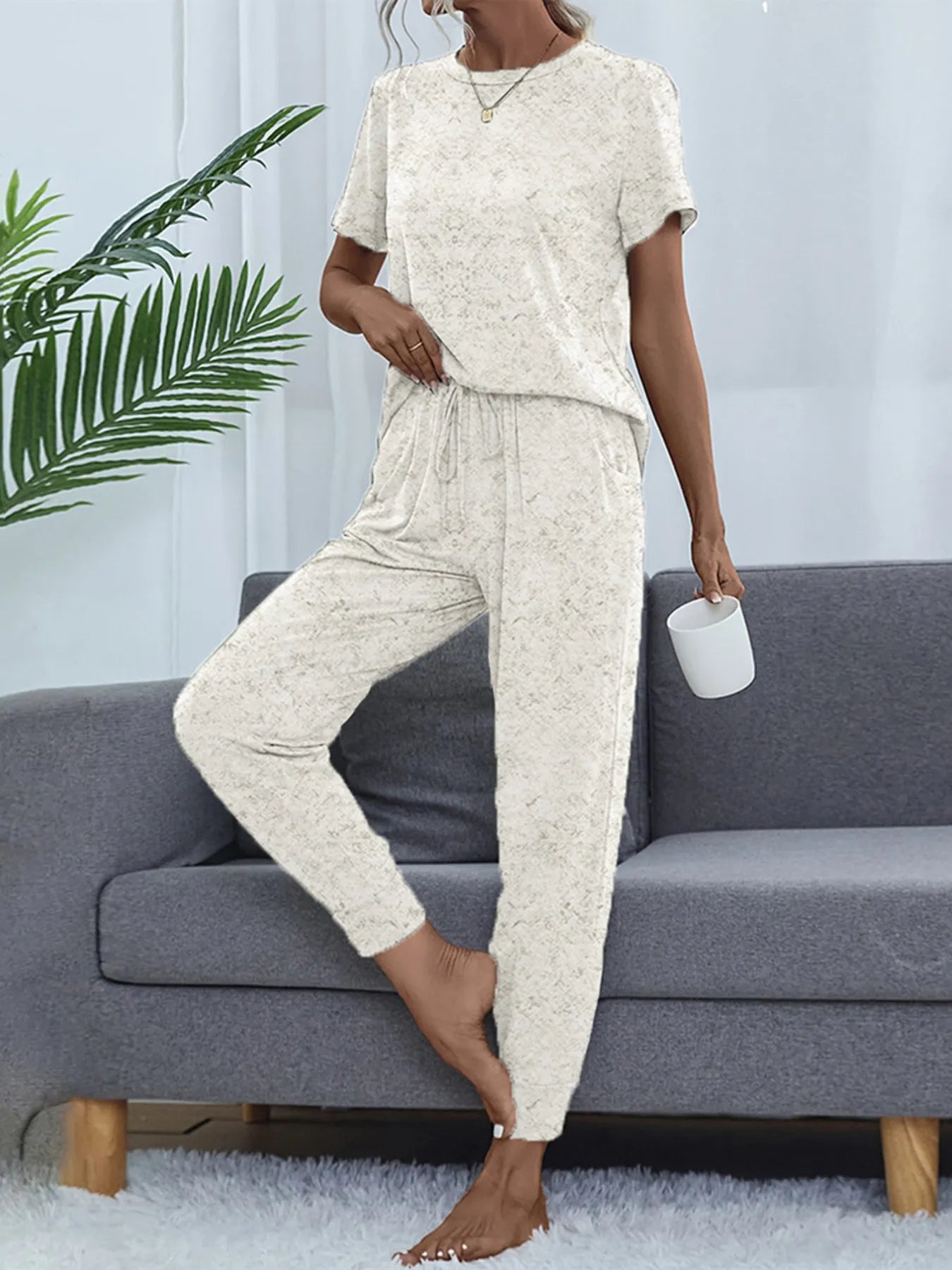 Round Neck Short Sleeve Top and Pants Lounge Set