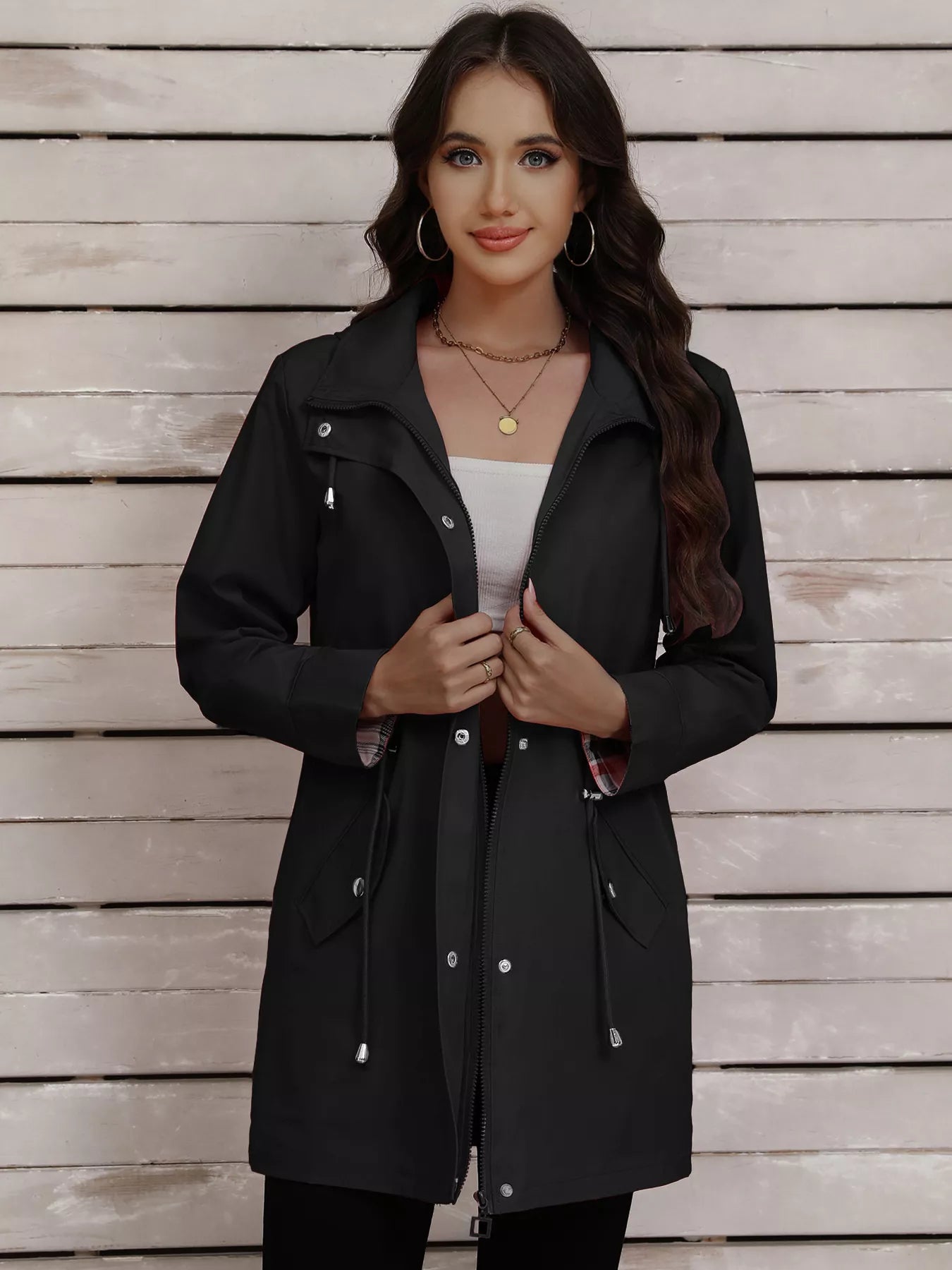 Drawstring Snap-Down Trench Coat