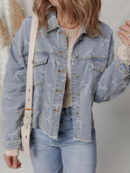 Bow Knot Print Light Wash Raw Hem Denim Jacket