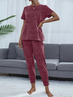 Round Neck Short Sleeve Top and Pants Lounge Set