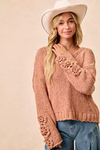 BiBi Chunky Knit Sweater with Flower Detail Sleeves