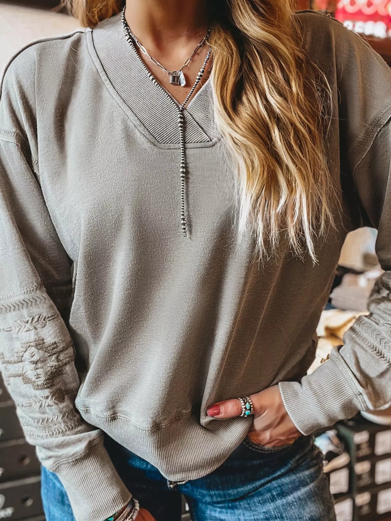 Aztec Embroidered Western V Neck Sweatshirt