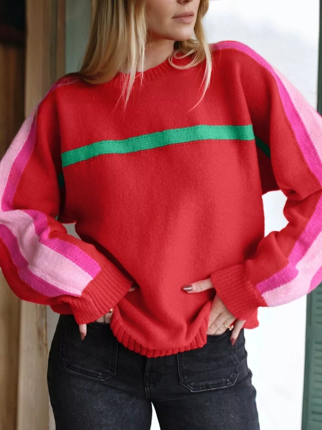 Striped Sleeve Crew Neck Sweater