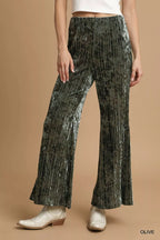 Umgee Velvet Pleated Wide Leg Pants