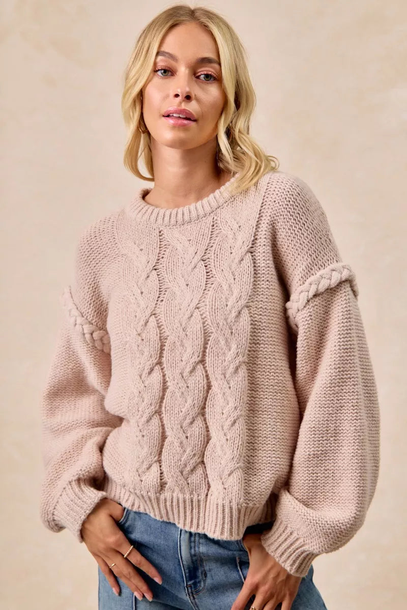 BiBi Cable Knit Sweater with Shoulder Braid Detail