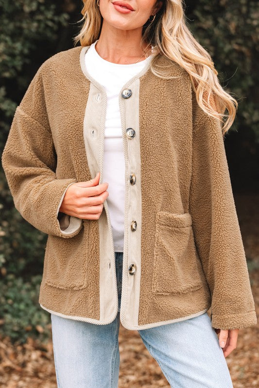 Fleece Corduroy Patchwork Button Up Jacket