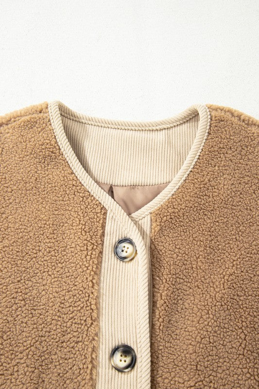 Fleece Corduroy Patchwork Button Up Jacket