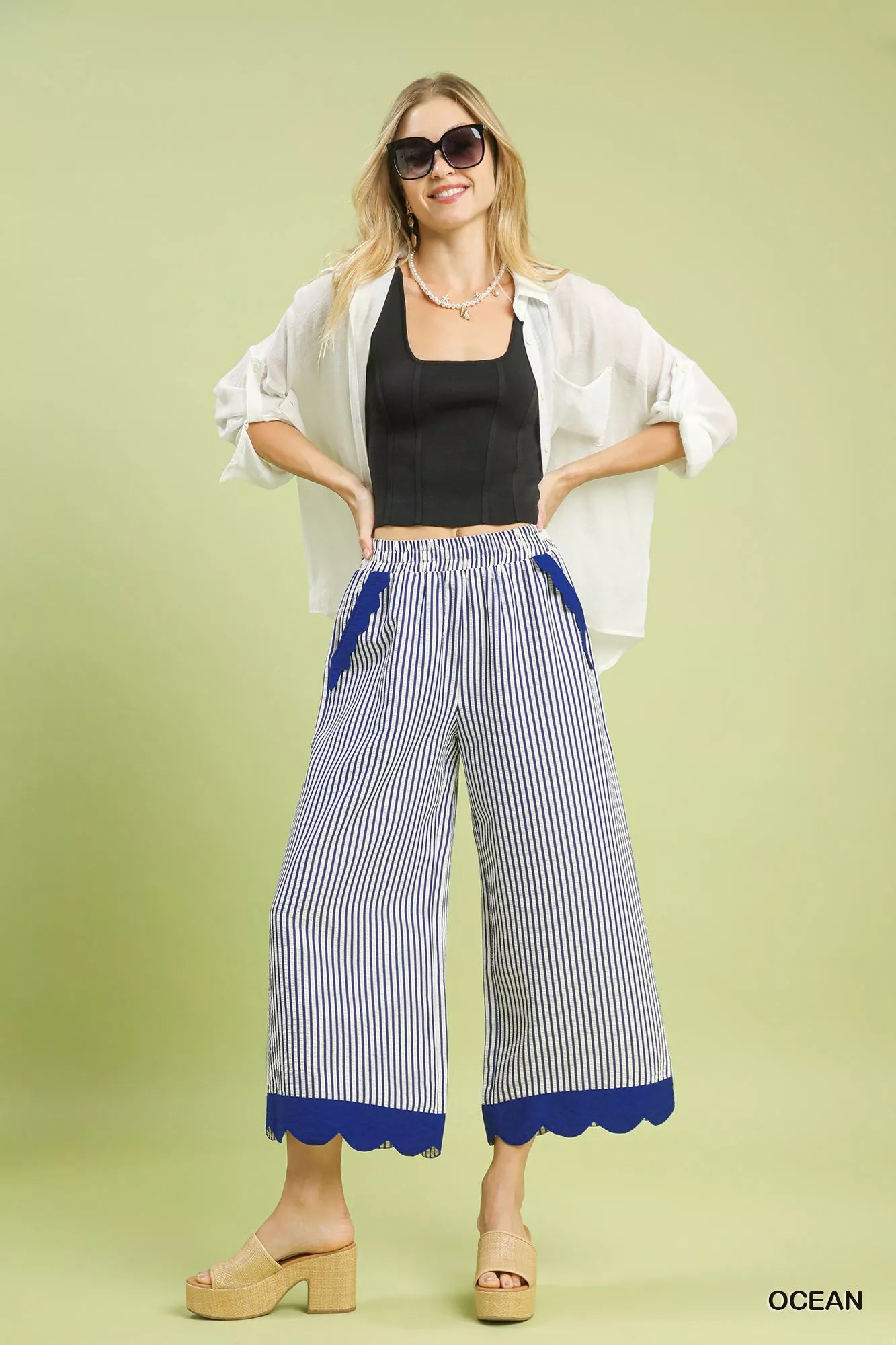 Umgee Stripe Scallop Hem Wide Leg Pants