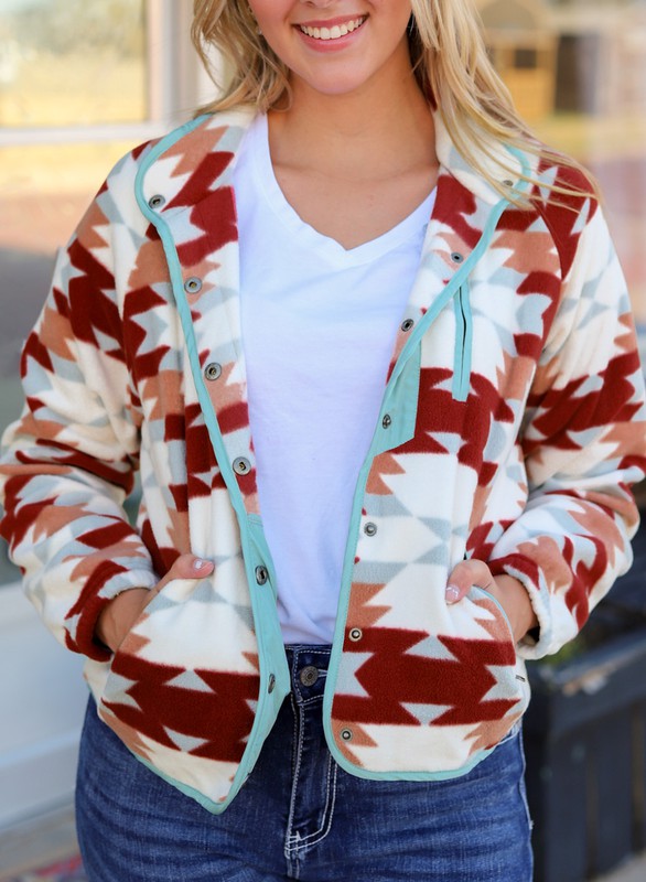 Aztec Buttoned Zipper Pockets Fleece Jacket
