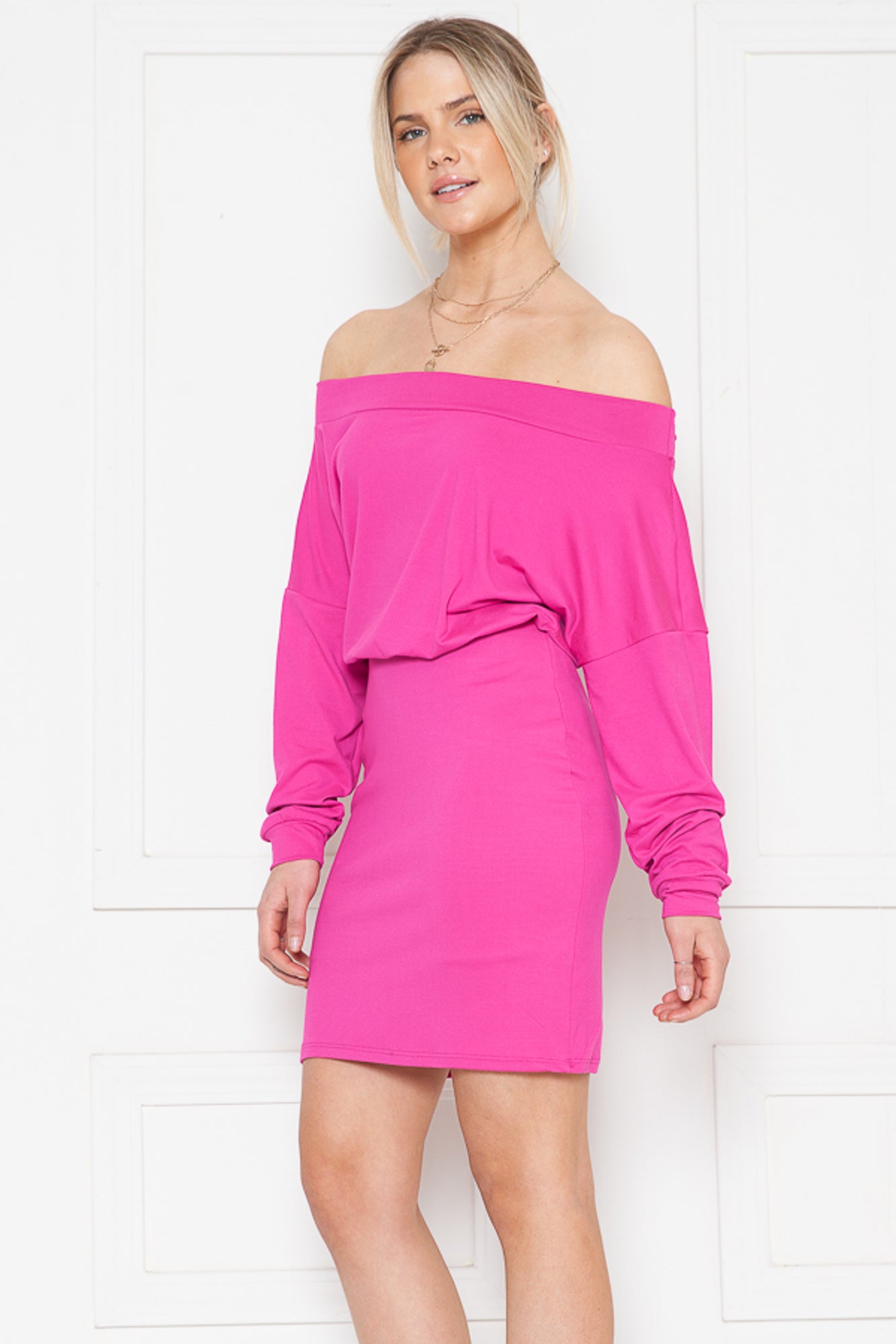 SOLID OFF-SHOULDER BLOUSON DRESS