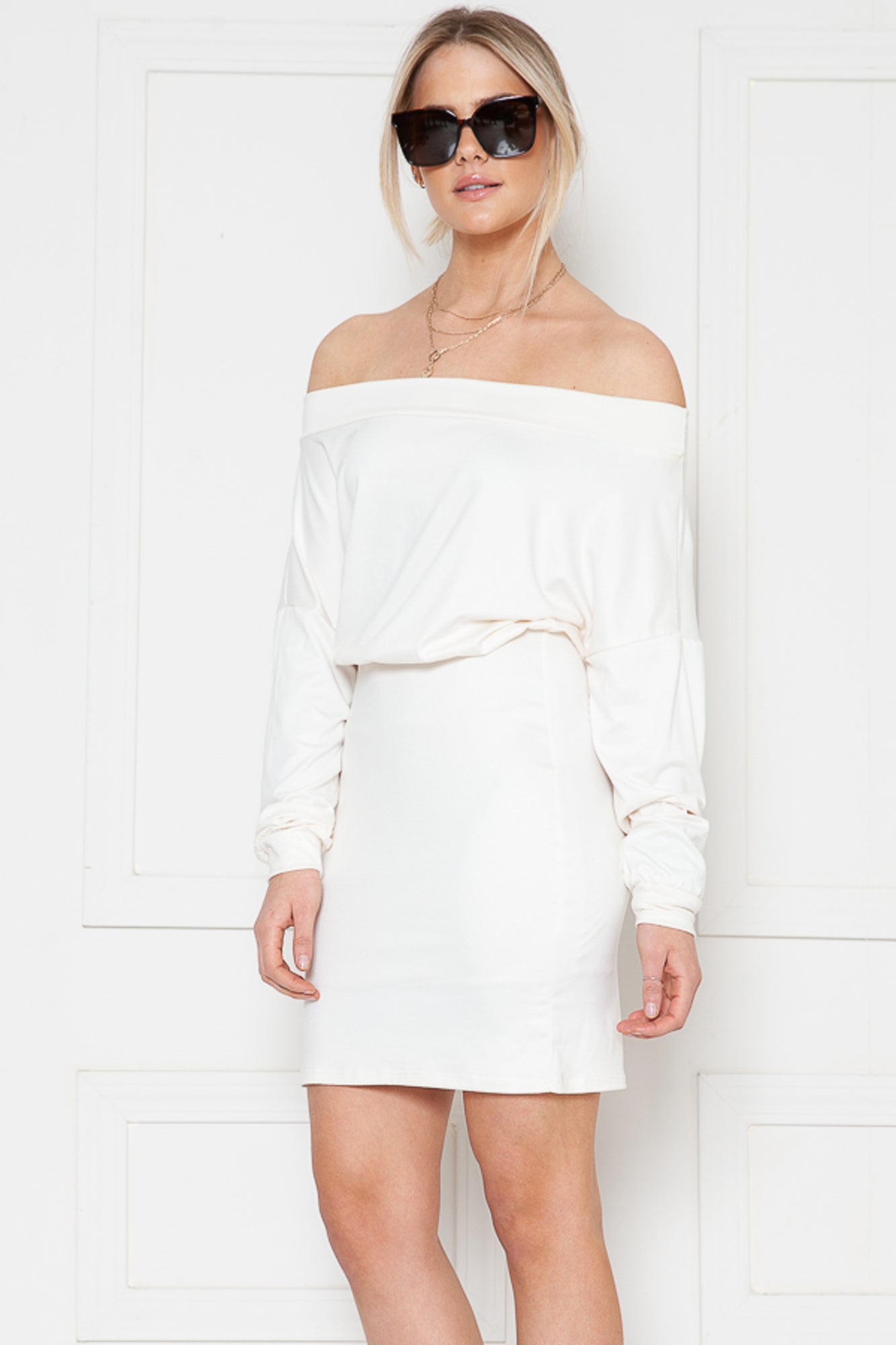 SOLID OFF-SHOULDER BLOUSON DRESS