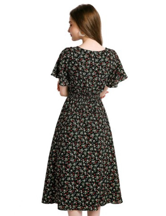 Women’s Black Floral Midi Dress – V-Neck Short Sleeve Summer Dress, Flowy Casual A-Line Dress for Everyday, Travel & Brunch
