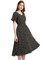 Women’s Black Floral Midi Dress – V-Neck Short Sleeve Summer Dress, Flowy Casual A-Line Dress for Everyday, Travel & Brunch