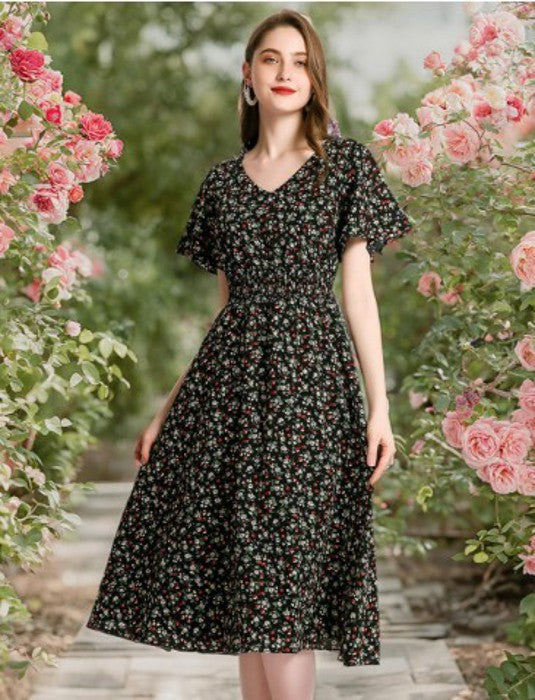 Women’s Black Floral Midi Dress – V-Neck Short Sleeve Summer Dress, Flowy Casual A-Line Dress for Everyday, Travel & Brunch