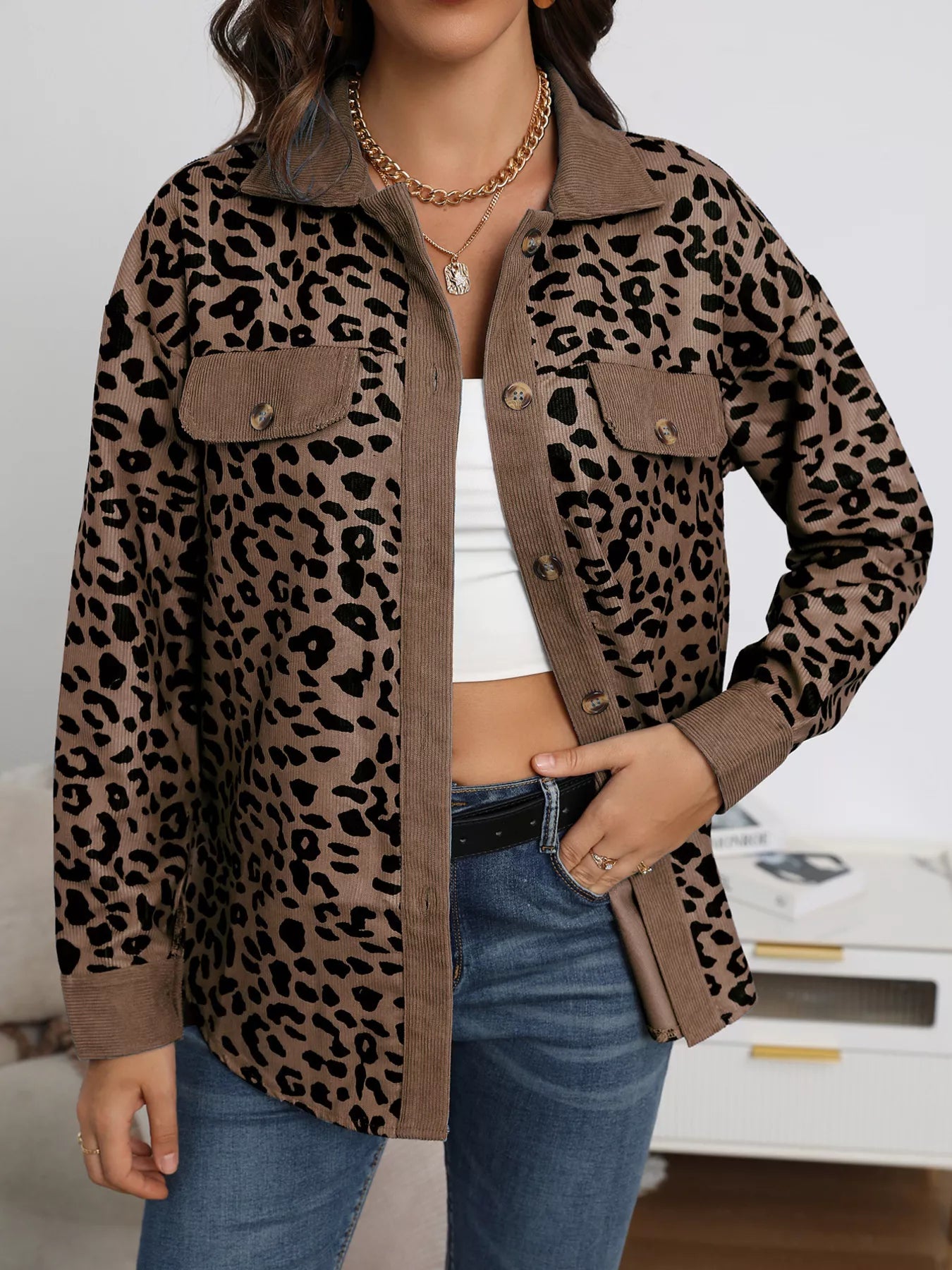 Full Size Leopard Print Button-Down Jacket Plus Size