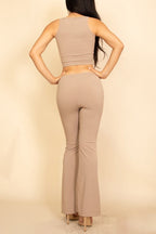 Ribbed Sleeveless Crop Top & Flared Pants Set