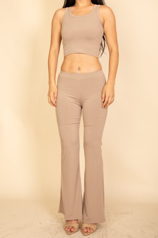 Ribbed Sleeveless Crop Top & Flared Pants Set