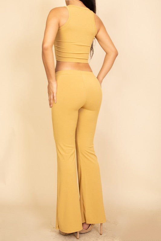 Ribbed Sleeveless Crop Top & Flared Pants Set