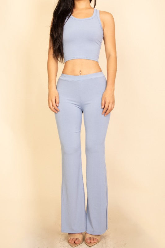 Ribbed Sleeveless Crop Top & Flared Pants Set