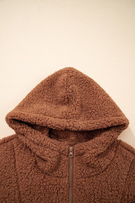 Solid Sherpa Fleece Zip Up Hooded Jacket