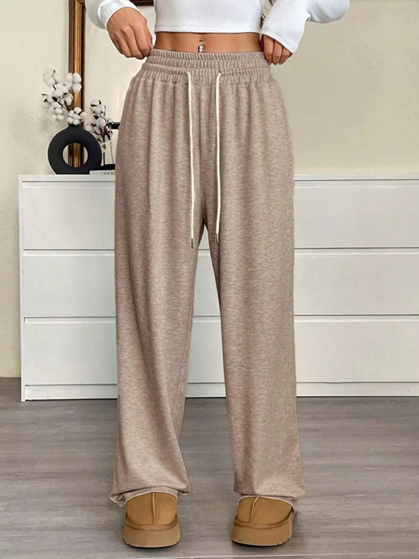 Casual Drawstring Waist Wide Leg Pants