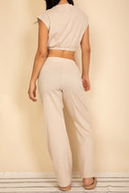Elastic Hem Crop Top & Wide Leg Pants Set