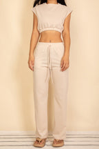 Elastic Hem Crop Top & Wide Leg Pants Set