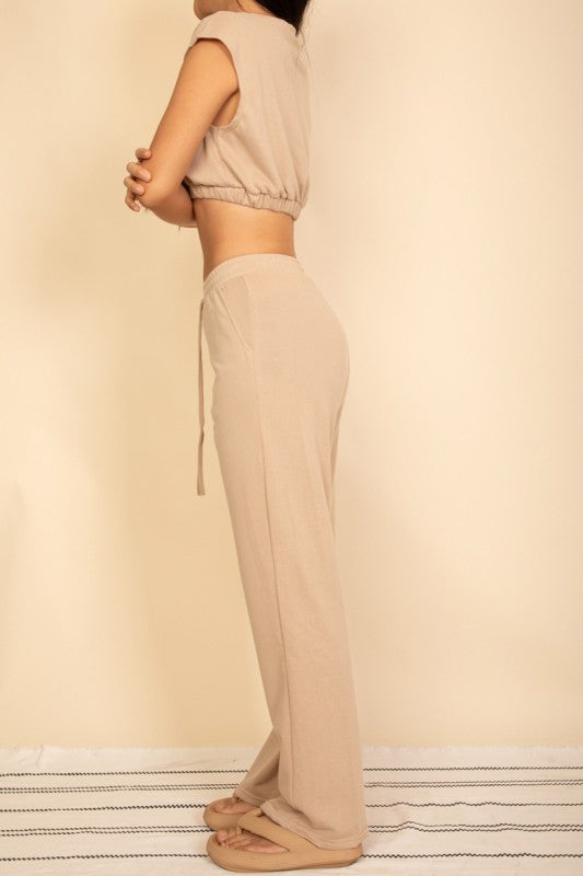 Elastic Hem Crop Top & Wide Leg Pants Set