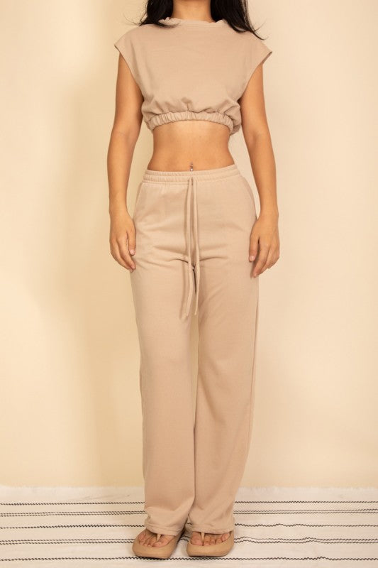 Elastic Hem Crop Top & Wide Leg Pants Set