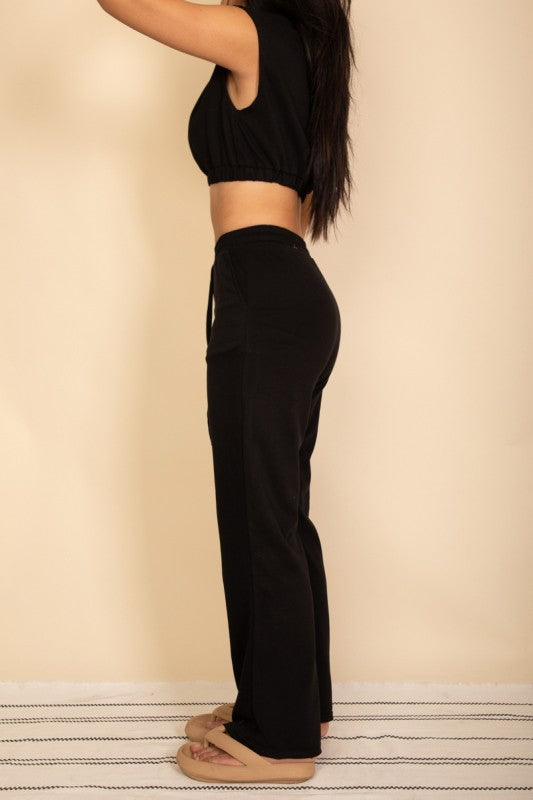Elastic Hem Crop Top & Wide Leg Pants Set