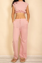 Elastic Hem Crop Top & Wide Leg Pants Set
