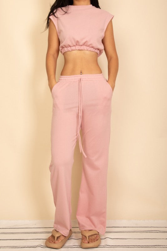 Elastic Hem Crop Top & Wide Leg Pants Set