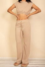 Elastic Hem Crop Top & Wide Leg Pants Set