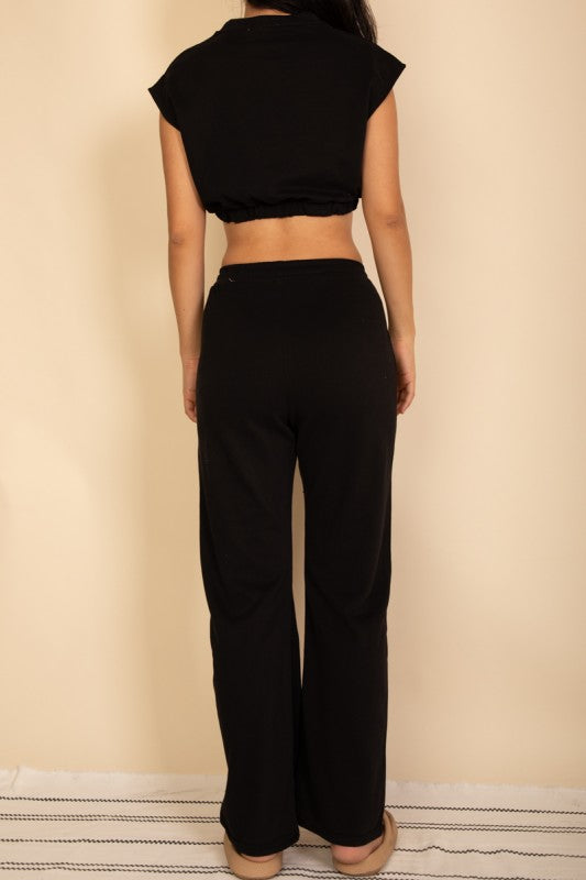 Elastic Hem Crop Top & Wide Leg Pants Set