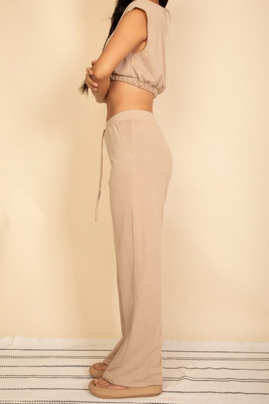 Elastic Hem Crop Top & Wide Leg Pants Set