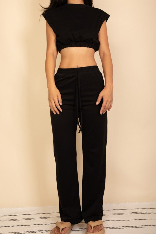 Elastic Hem Crop Top & Wide Leg Pants Set