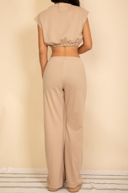 Elastic Hem Crop Top & Wide Leg Pants Set