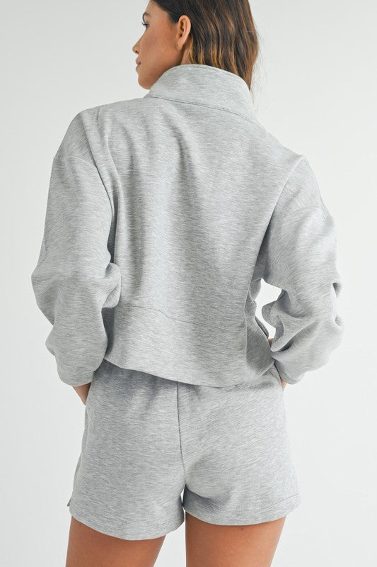Grey Stand Neck Zipped Sweatshirt and Shorts Set