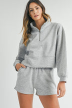 Grey Stand Neck Zipped Sweatshirt and Shorts Set