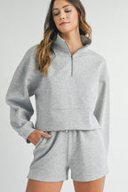 Grey Stand Neck Zipped Sweatshirt and Shorts Set